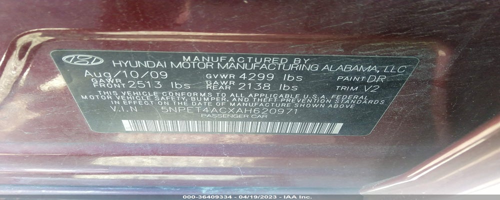 5NPET4ACXAH620971 2010 HYUNDAI SONATA photo no. 9