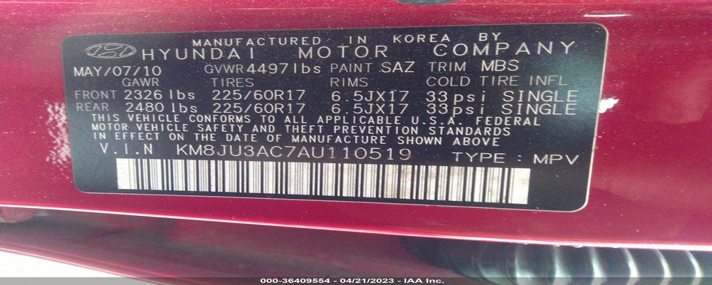 KM8JU3AC7AU110519 2010 HYUNDAI TUCSON photo no. 9