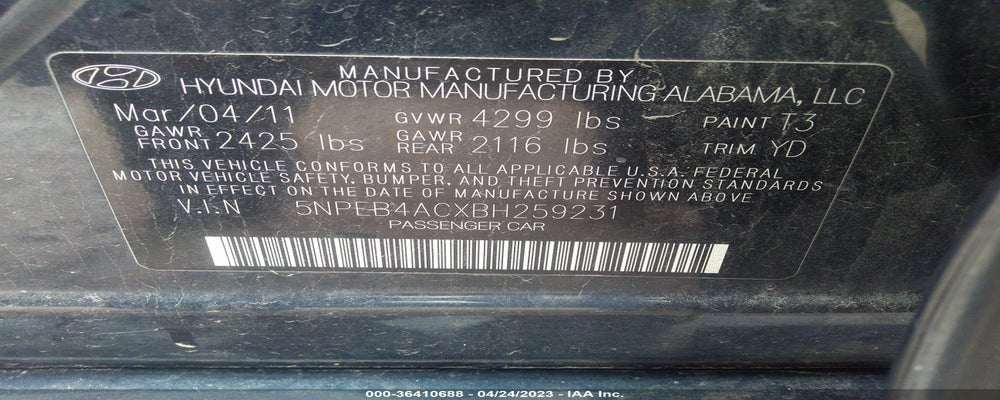 5NPEB4ACXBH259231 2011 HYUNDAI SONATA photo no. 9