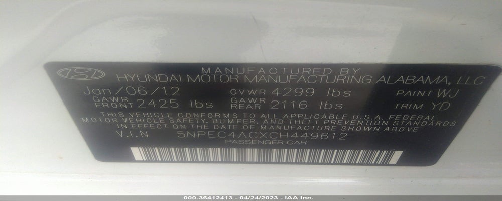 5NPEC4ACXCH449612 2012 HYUNDAI SONATA photo no. 9