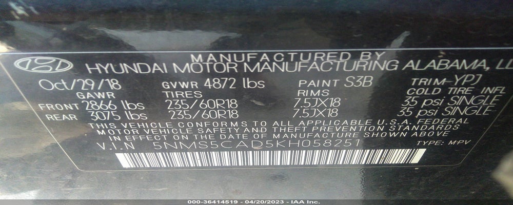 5NMS5CAD5KH058251 2019 HYUNDAI SANTA FE photo no. 9