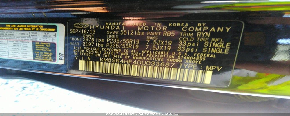KM8SR4HF4DU033687 2013 HYUNDAI SANTA FE photo no. 9