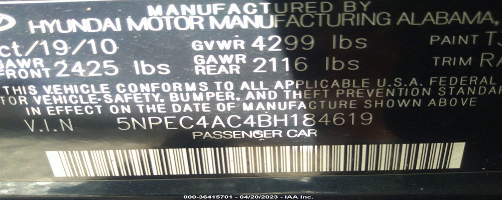 5NPEC4AC4BH184619 2011 HYUNDAI SONATA photo no. 9
