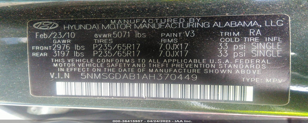 5NMSGDAB1AH370449 2010 HYUNDAI SANTA FE photo no. 9