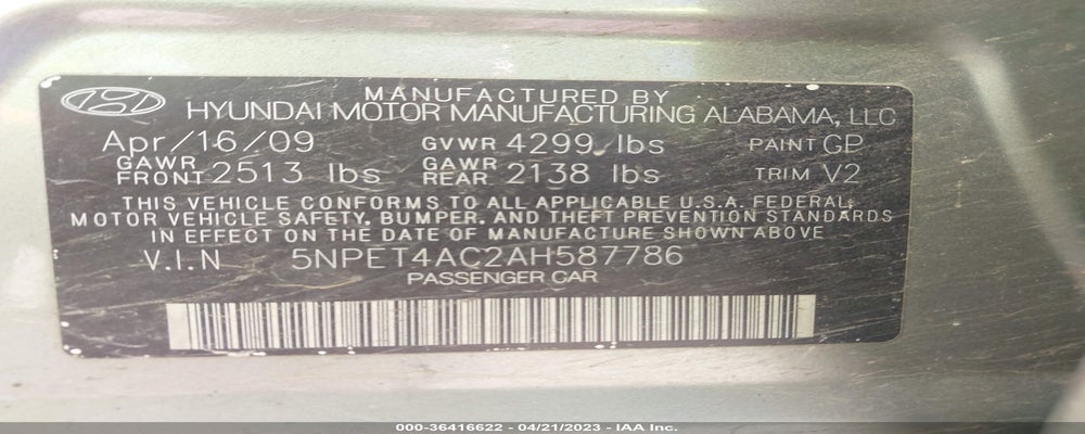5NPET4AC2AH587786 2010 HYUNDAI SONATA photo no. 9