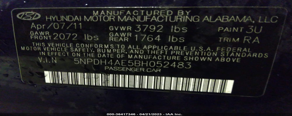 5NPDH4AE5BH052483 2011 HYUNDAI ELANTRA photo no. 9