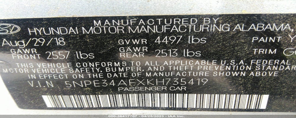 5NPE34AFXKH735419 2019 HYUNDAI SONATA photo no. 9