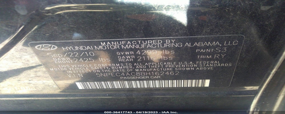 5NPEC4AC8BH162462 2011 HYUNDAI SONATA photo no. 9