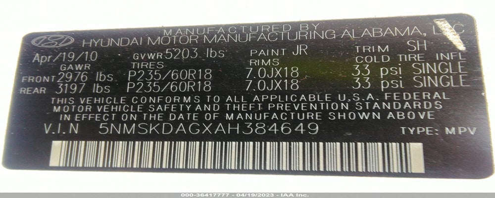 5NMSKDAGXAH384649 2010 HYUNDAI SANTA FE photo no. 9