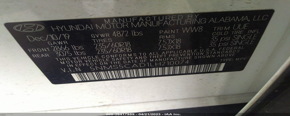 5NMS5CAD1LH210074 2020 HYUNDAI SANTA FE photo no. 9