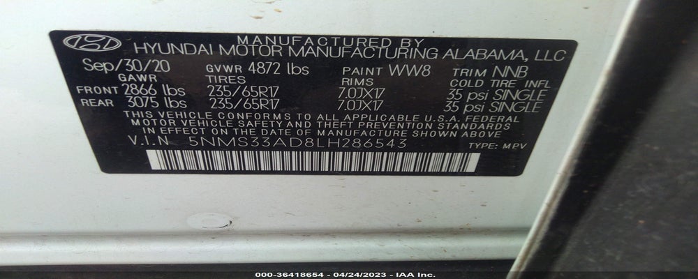 5NMS33AD8LH286543 2020 HYUNDAI SANTA FE photo no. 9