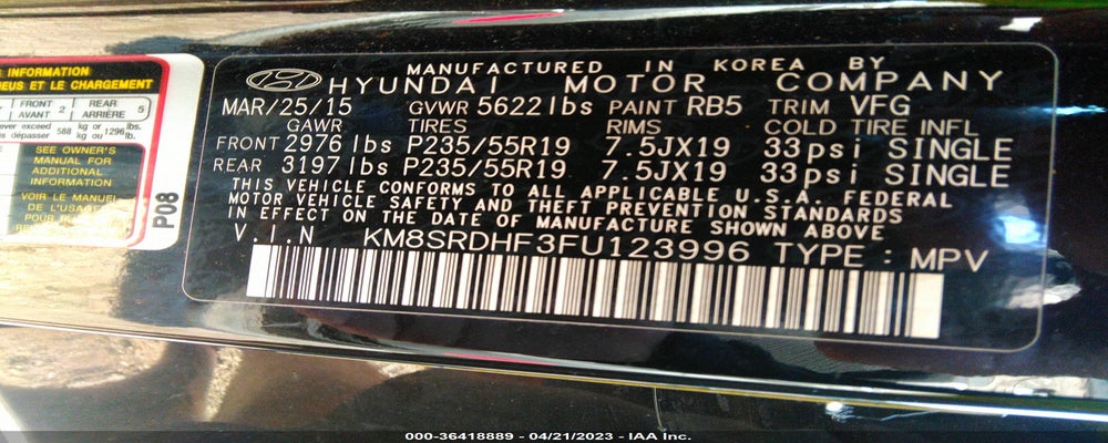 KM8SRDHF3FU123996 2015 HYUNDAI SANTA FE photo no. 9
