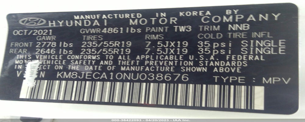 KM8JECA10NU038676 2022 HYUNDAI TUCSON HYBRID photo no. 9
