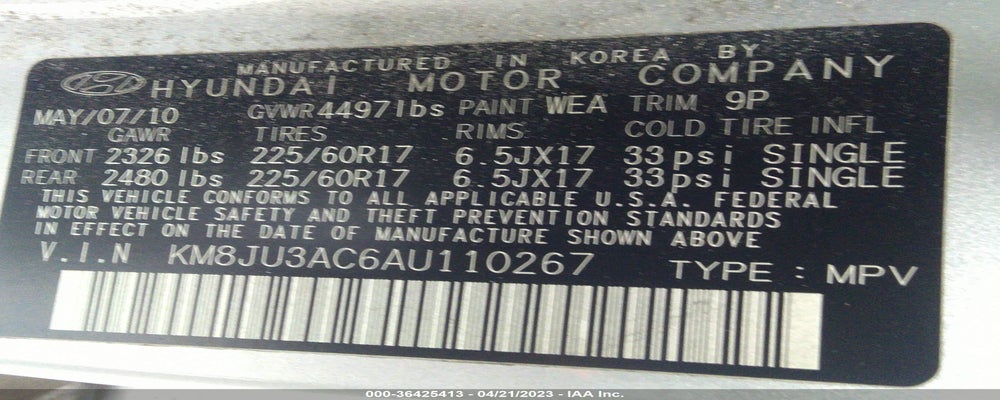 KM8JU3AC6AU110267 2010 HYUNDAI TUCSON photo no. 9