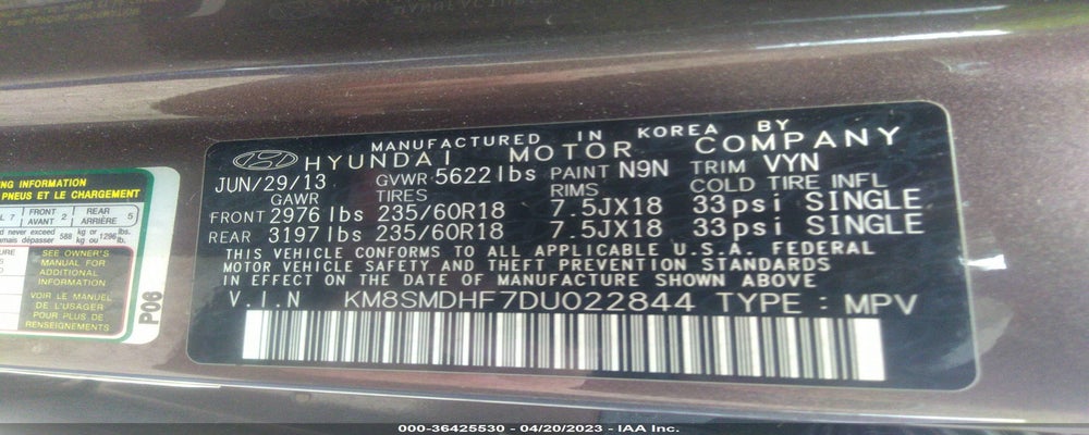 KM8SMDHF7DU022844 2013 HYUNDAI SANTA FE photo no. 9