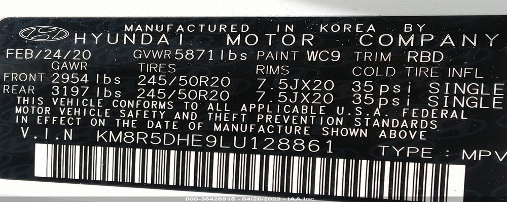 KM8R5DHE9LU128861 2020 HYUNDAI PALISADE photo no. 9