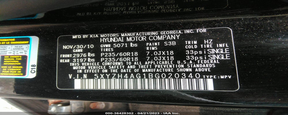 5XYZH4AG1BG020340 2011 HYUNDAI SANTA FE photo no. 9