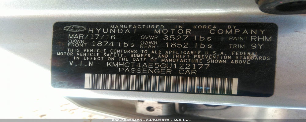 KMHCT4AE5GU122177 2016 HYUNDAI ACCENT photo no. 9