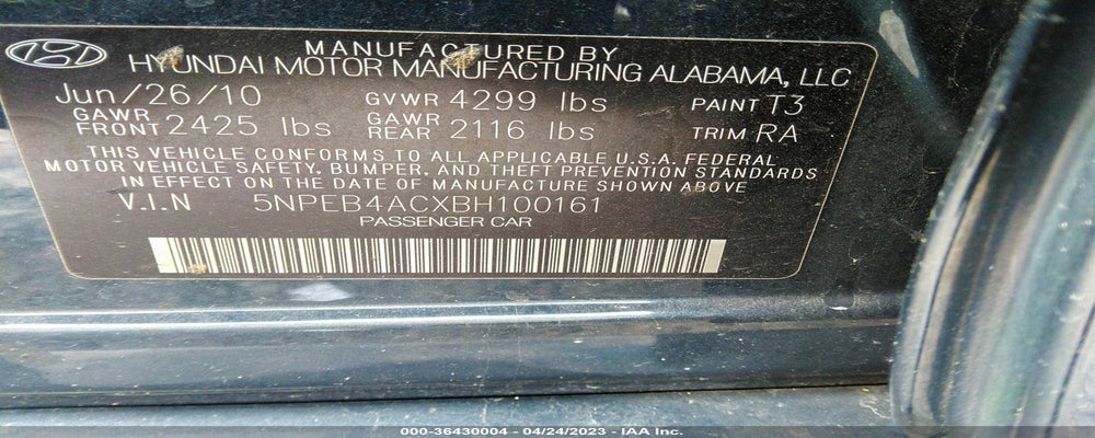 5NPEB4ACXBH100161 2011 HYUNDAI SONATA photo no. 9