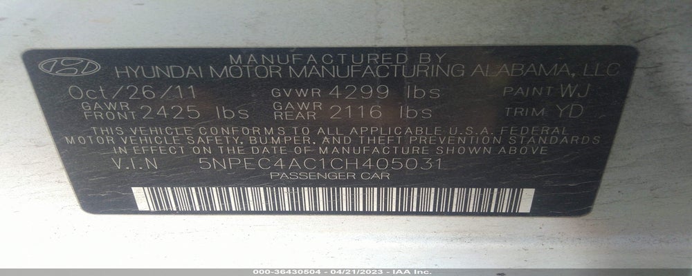 5NPEC4AC1CH405031 2012 HYUNDAI SONATA photo no. 9