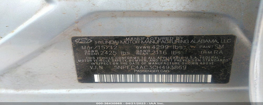 5NPEC4AC3CH493869 2012 HYUNDAI SONATA photo no. 9