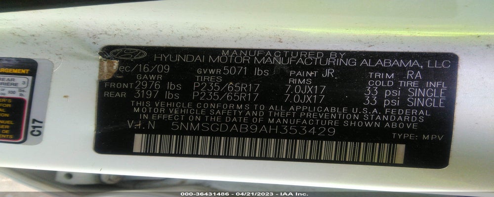 5NMSGDAB9AH353429 2010 HYUNDAI SANTA FE photo no. 9
