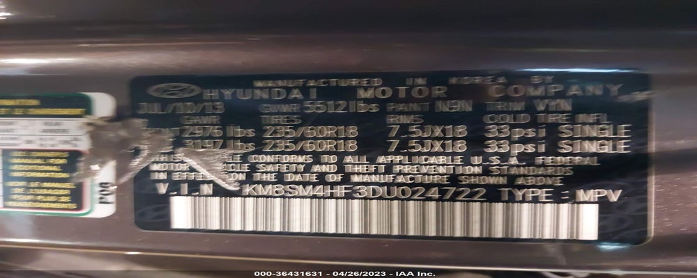KM8SM4HF3DU024722 2013 HYUNDAI SANTA FE photo no. 9