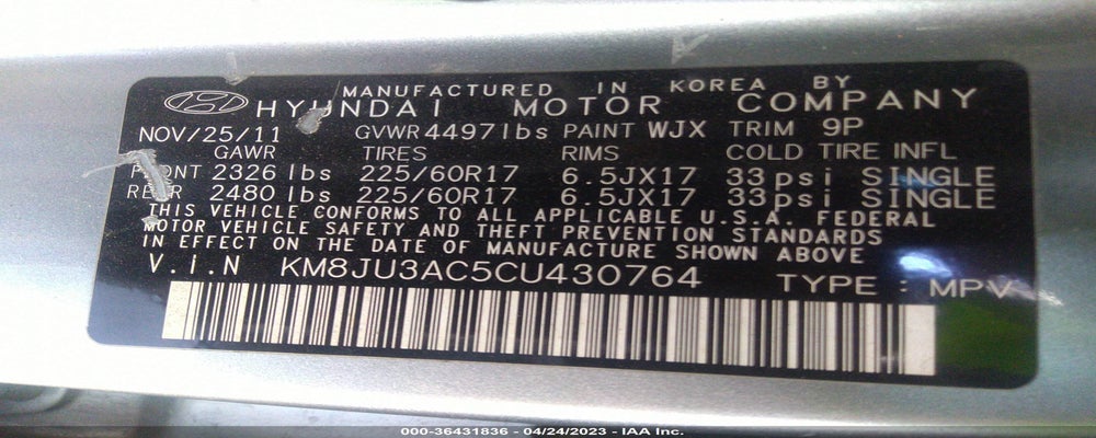 KM8JU3AC5CU430764 2012 HYUNDAI TUCSON photo no. 9