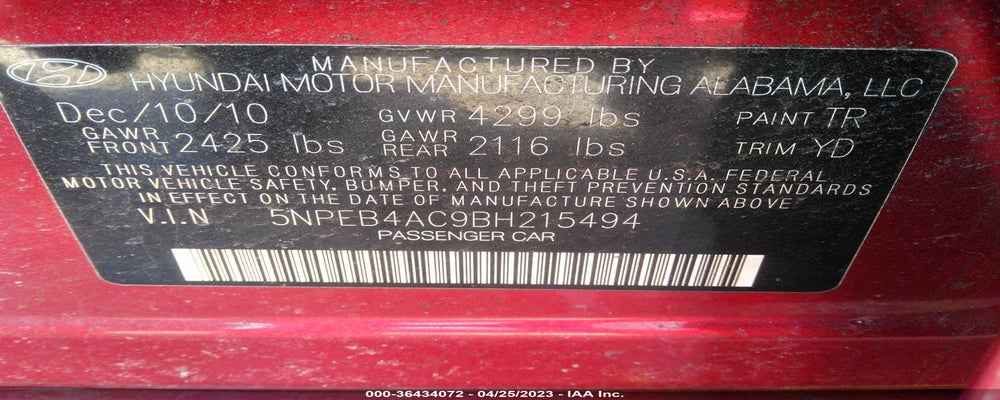 5NPEB4AC9BH215494 2011 HYUNDAI SONATA photo no. 9