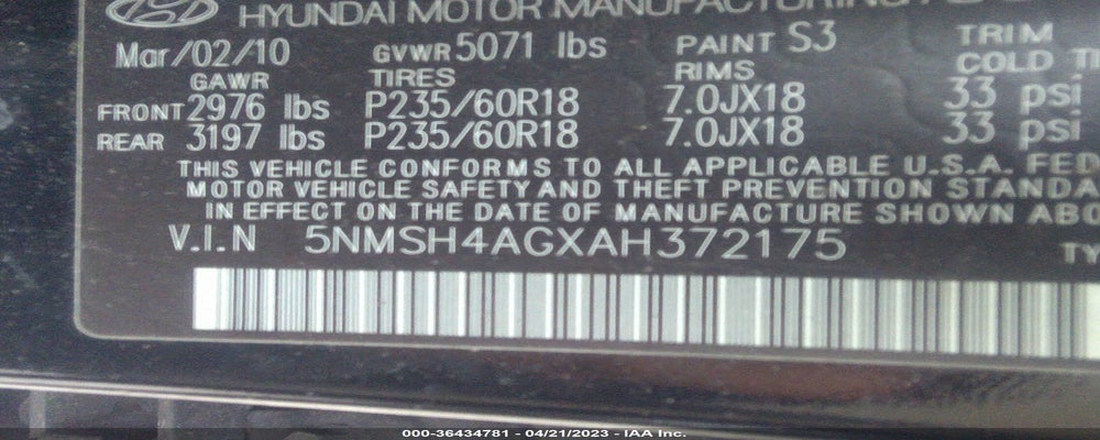 5NMSH4AGXAH372175 2010 HYUNDAI SANTA FE photo no. 9