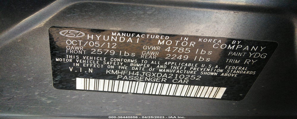 KMHFH4JGXDA210252 2013 HYUNDAI AZERA photo no. 9