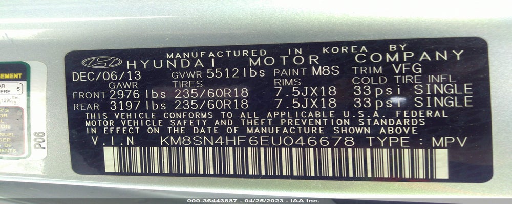 KM8SN4HF6EU046678 2014 HYUNDAI SANTA FE photo no. 9