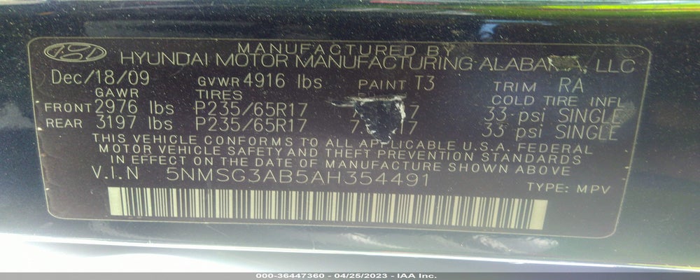 5NMSG3AB5AH354491 2010 HYUNDAI SANTA FE photo no. 9