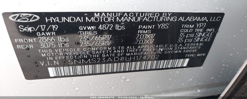 5NMS23AD8LH174702 2020 HYUNDAI SANTA FE photo no. 9