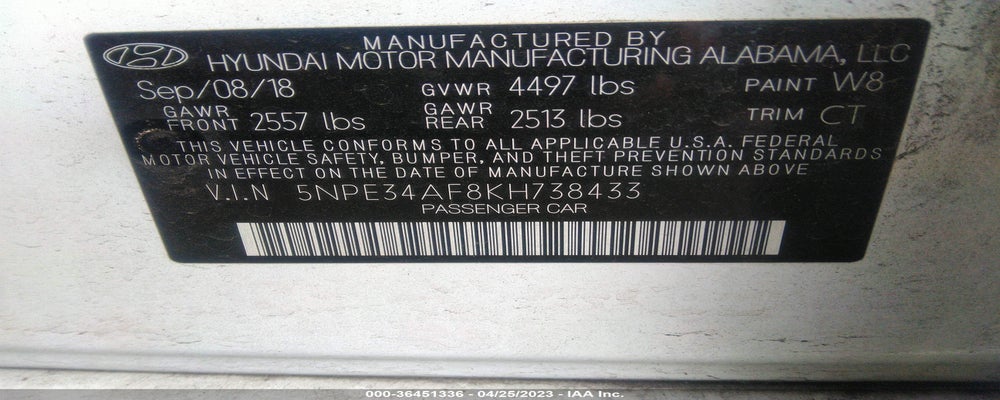 5NPE34AF8KH738433 2019 HYUNDAI SONATA photo no. 9
