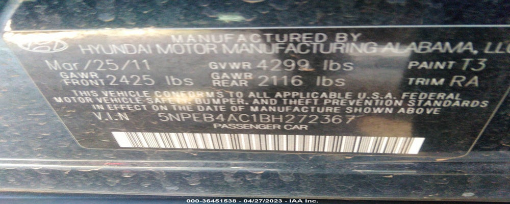 5NPEB4AC1BH272367 2011 HYUNDAI SONATA photo no. 9