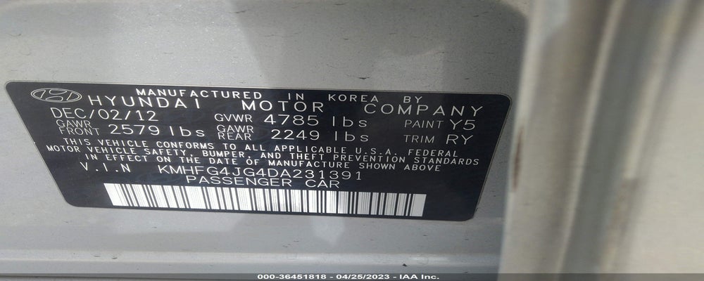 KMHFG4JG4DA231391 2013 HYUNDAI AZERA photo no. 9