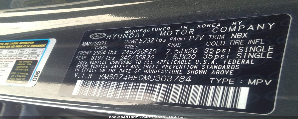 KM8R74HE0MU303784 2021 HYUNDAI PALISADE photo no. 9