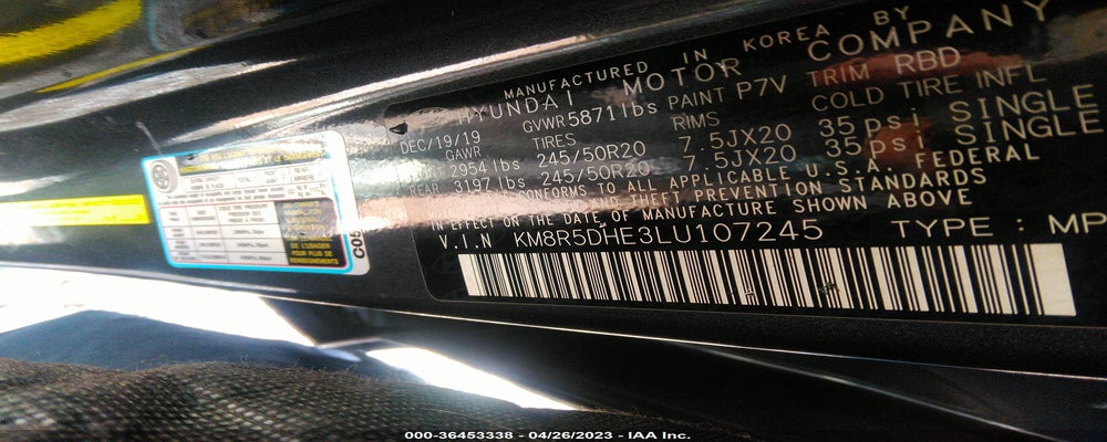 KM8R5DHE3LU107245 2020 HYUNDAI PALISADE photo no. 9