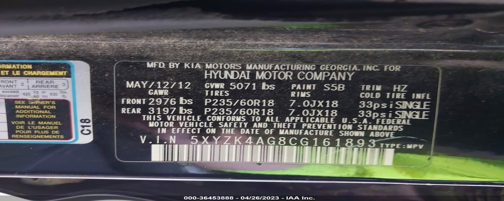 5XYZK4AG8CG161893 2012 HYUNDAI SANTA FE photo no. 9