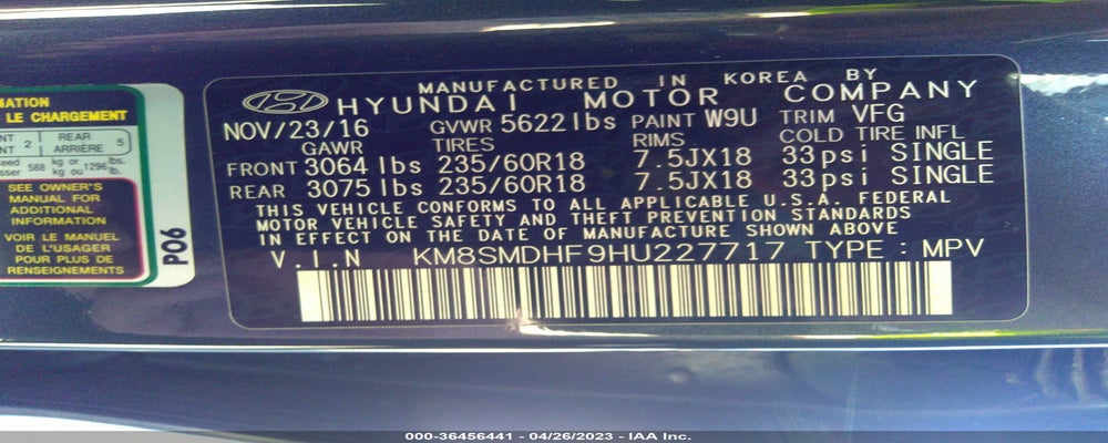 KM8SMDHF9HU227717 2017 HYUNDAI SANTA FE photo no. 9