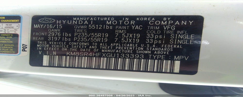 KM8SR4HFXGU133393 2016 HYUNDAI SANTA FE photo no. 9