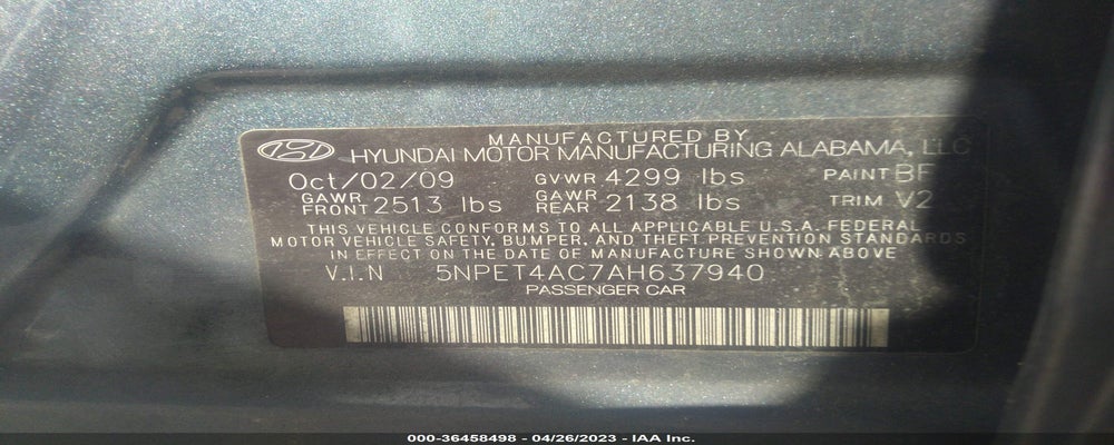 5NPET4AC7AH637940 2010 HYUNDAI SONATA photo no. 9