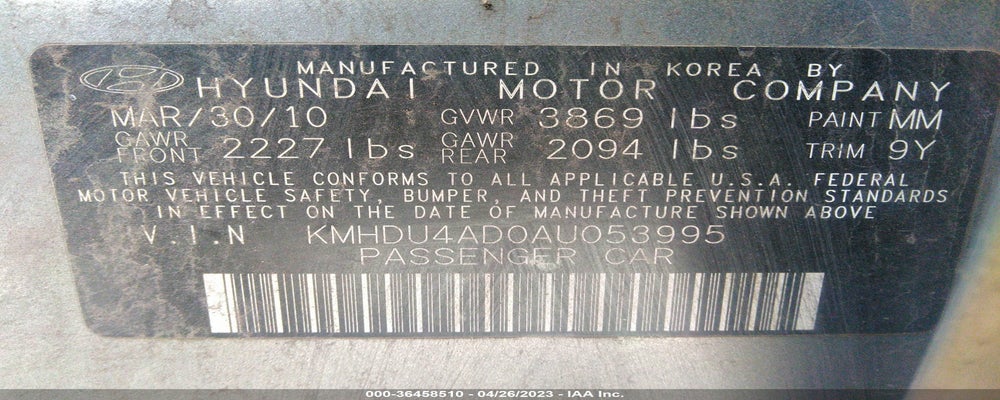 KMHDU4AD0AU053995 2010 HYUNDAI ELANTRA photo no. 9