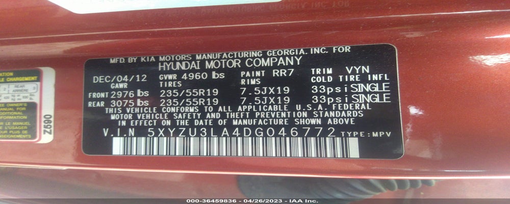 5XYZU3LA4DG046772 2013 HYUNDAI SANTA FE photo no. 9