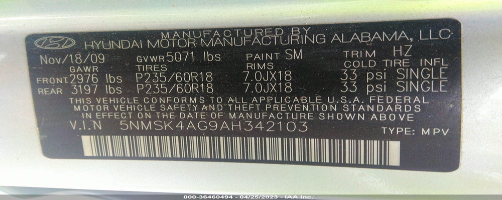 5NMSK4AG9AH342103 2010 HYUNDAI SANTA FE photo no. 9
