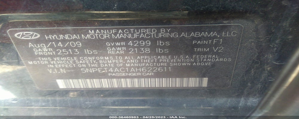5NPET4AC1AH622611 2010 HYUNDAI SONATA photo no. 9