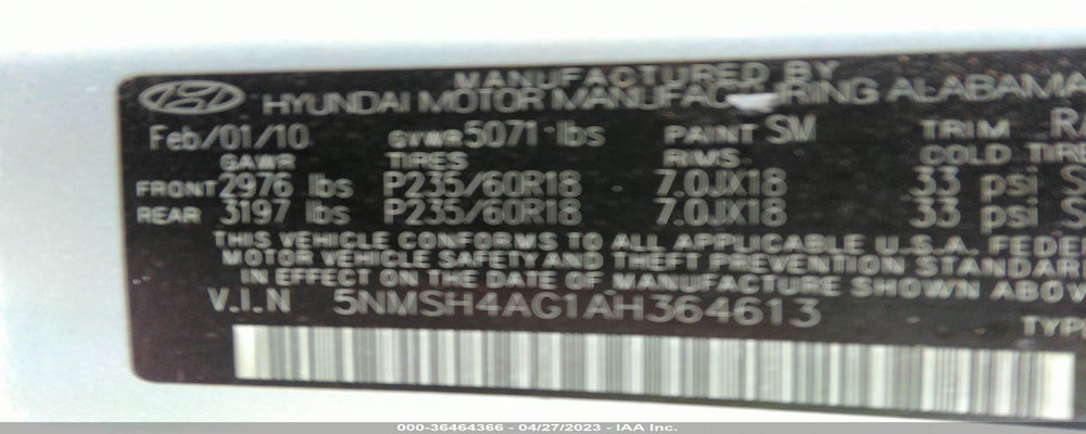 5NMSH4AG1AH364673 2010 HYUNDAI SANTA FE photo no. 9