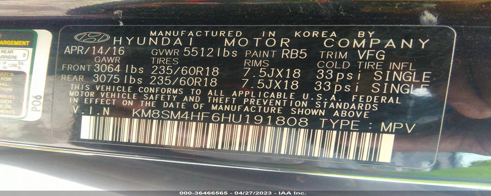 KM8SM4HF6HU191808 2017 HYUNDAI SANTA FE photo no. 9