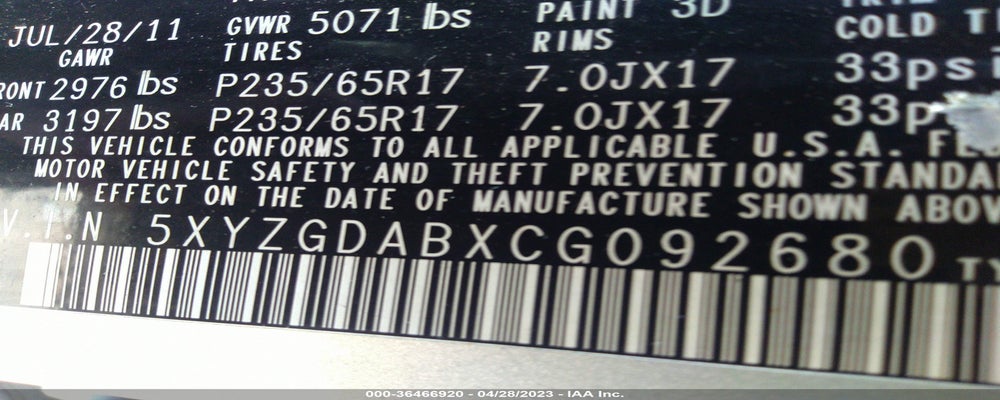 5XYZGDABXCG092680 2012 HYUNDAI SANTA FE photo no. 9
